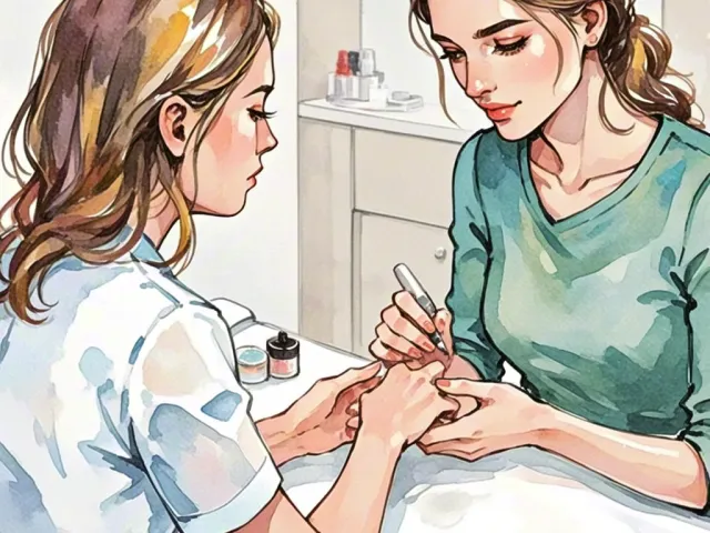 Nail technician painting nails in a bright watercolor salon scene