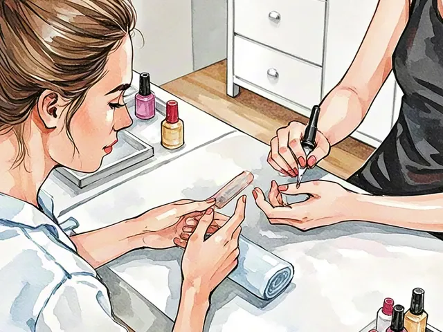 Detailed watercolor of a nail technician painting nails in a salon