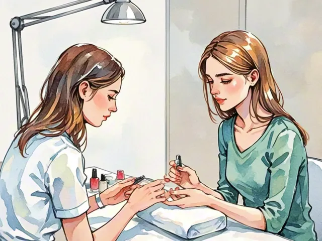 Watercolor illustration of a nail artist doing detailed nail work