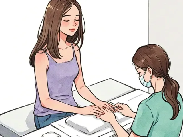 Watercolor illustration of two women in a salon during a manicure session