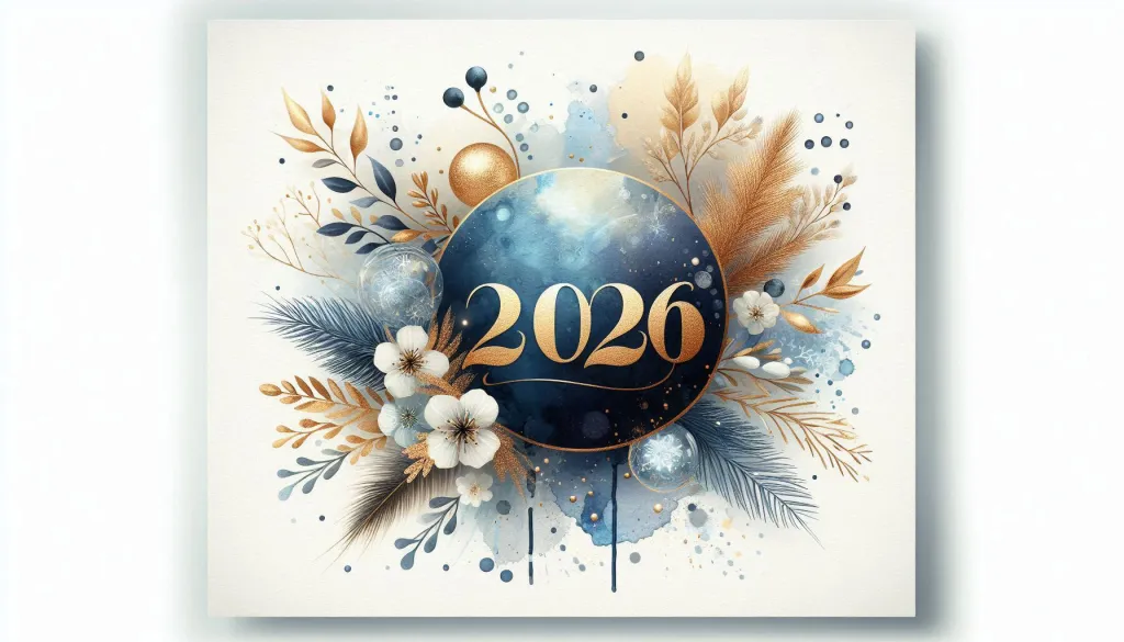 Watercolor New Year 2026 Blue and Gold Card