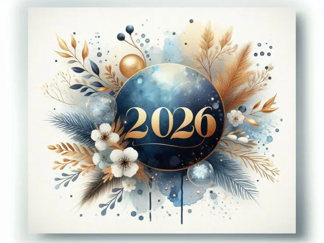 blue and gold watercolor christmas ornaments with 2026 text