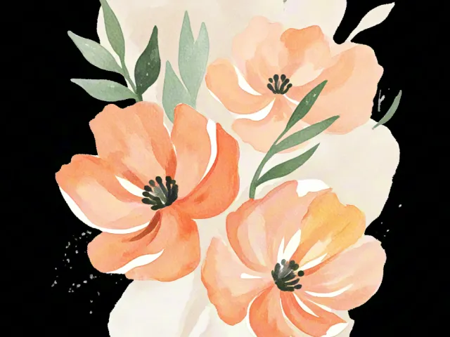 Elegant peach-colored watercolor flowers on a black background