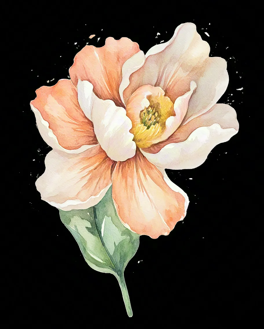 Soft watercolor illustration of a single peach flower on black background