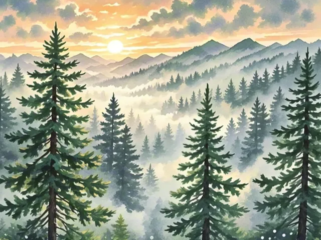Scenic watercolor landscape of a pine forest in golden sunrise light