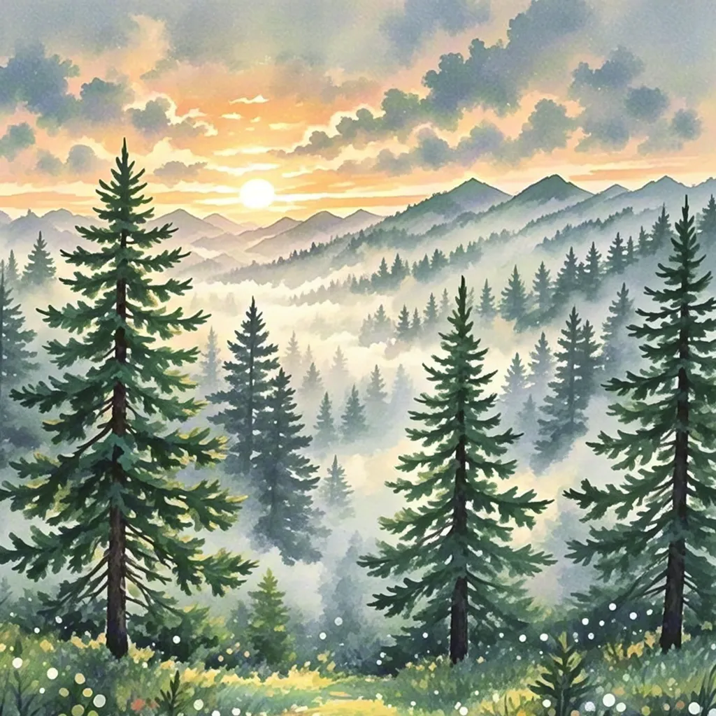 Watercolor pine forest at sunrise