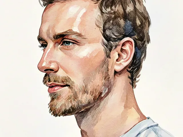 Side-profile watercolor portrait of a man with short beard and soft shadows