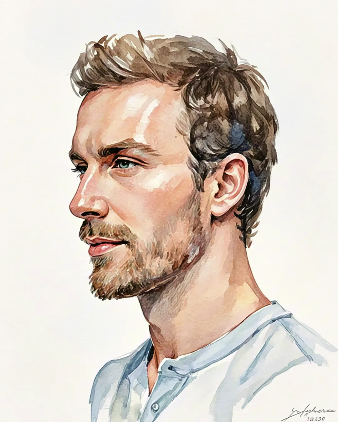 Side-profile watercolor portrait of a man with short beard and soft shadows