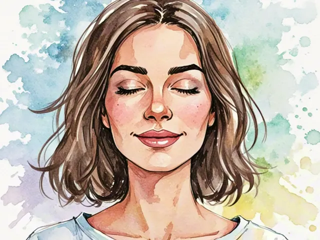 Relaxed young woman in watercolor style with soft background splashes.
