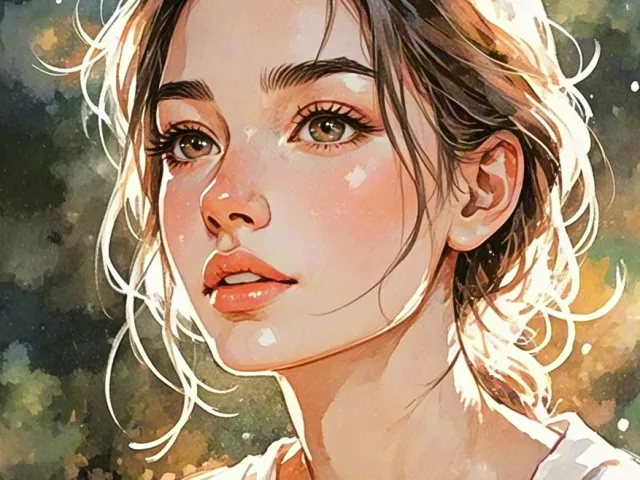 Warm watercolor portrait of a young woman with soft lighting and loose brushwork
