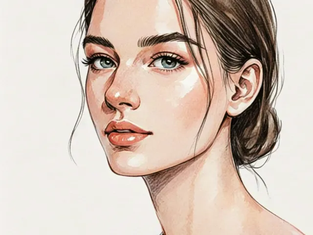 Soft watercolor portrait of a young woman with natural makeup and neutral background