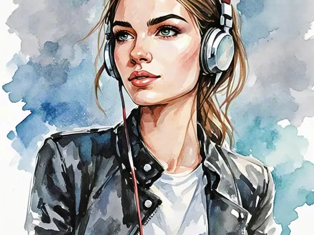 Young woman in a leather jacket painted in watercolor with soft blue background