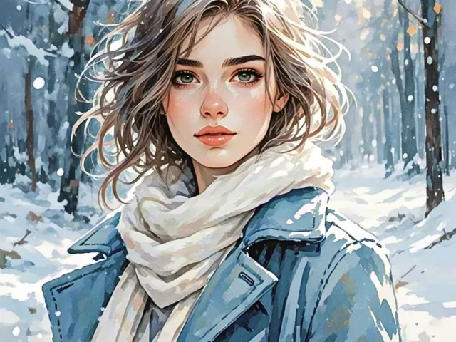 Artistic watercolor of a girl in blue coat standing in a snowy city environment