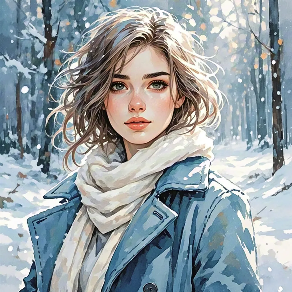 Watercolor portrait of girl in snowy winter street
