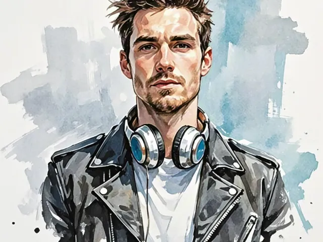 Stylish watercolor portrait of a man wearing headphones and a black leather jacket