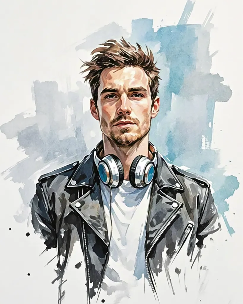 Watercolor portrait of man in leather jacket