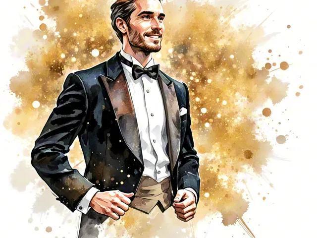 Stylish watercolor illustration of a man in a tuxedo with golden artistic splatter effects
