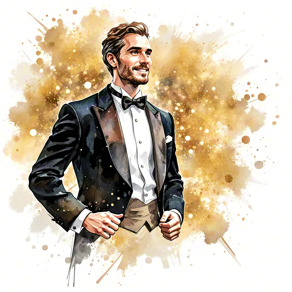 Watercolor portrait of man in tuxedo with gold splashes