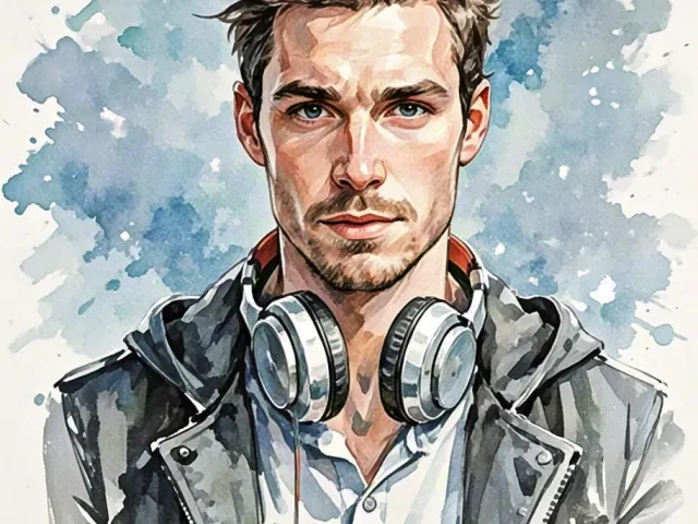 Watercolor portrait of a man wearing a leather jacket and headphones