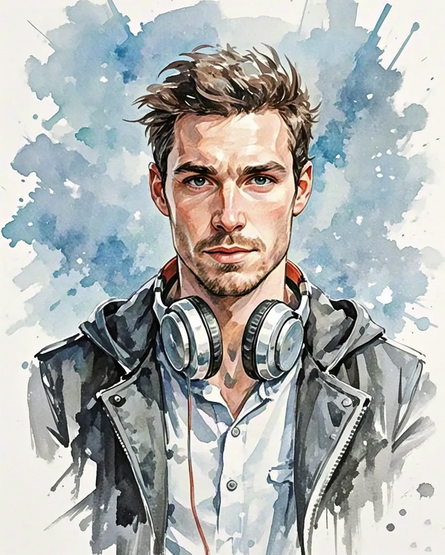 Watercolor portrait of a man wearing a leather jacket and headphones