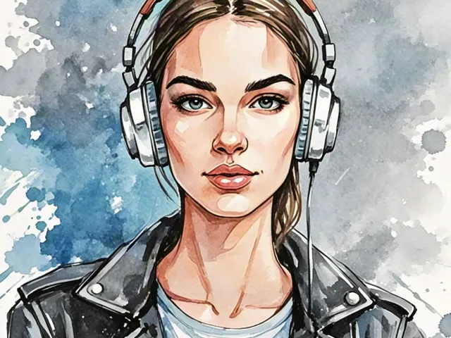 Young woman wearing headphones illustrated in watercolor with urban vibe