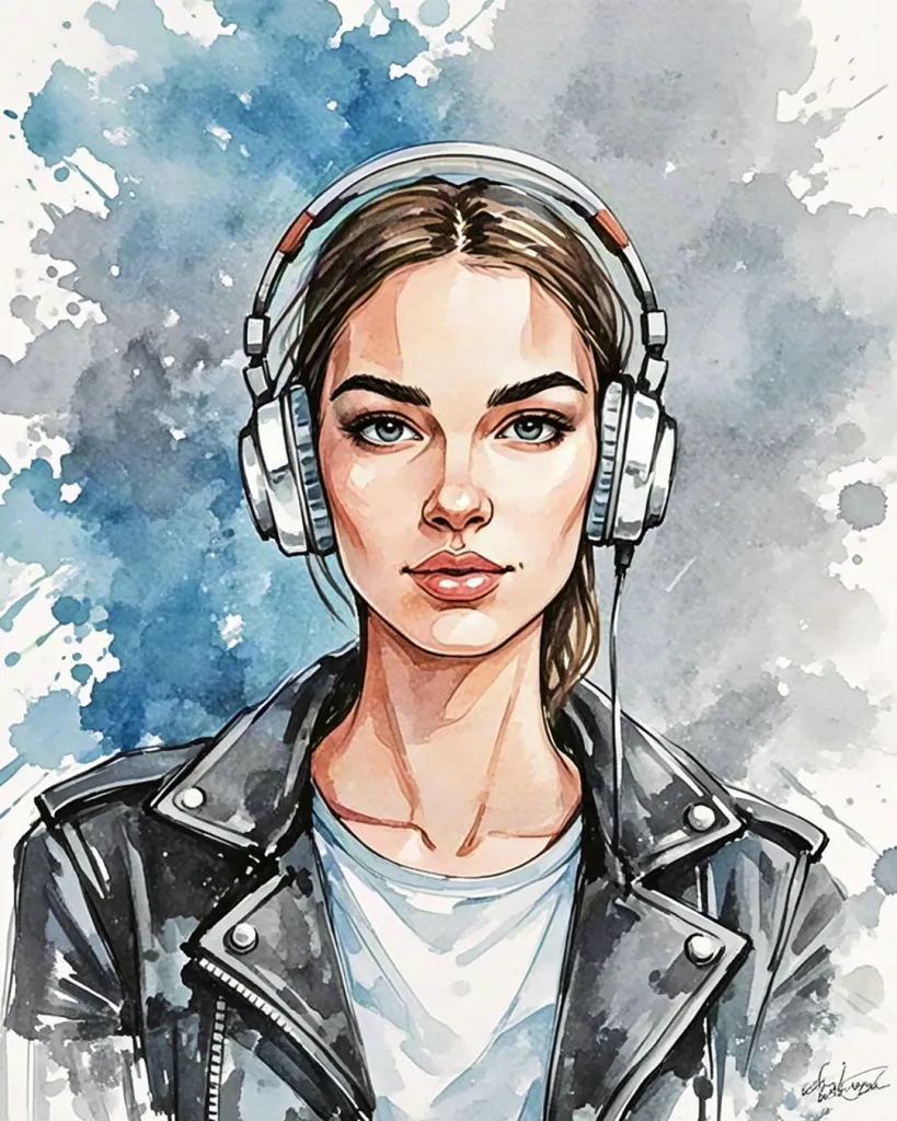 Watercolor portrait of woman with headphones