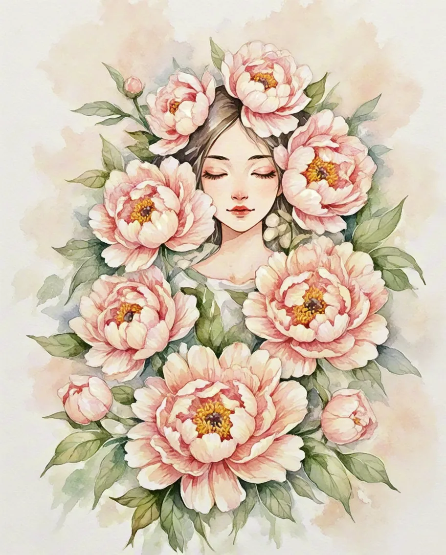 Soft watercolor illustration of a woman’s face framed by blooming pink flowers
