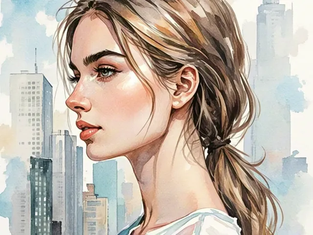 Watercolor portrait of a young woman with a city skyline in the background