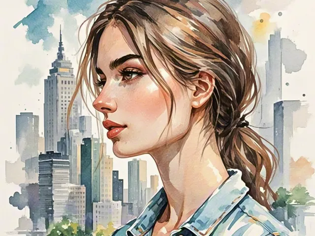 Watercolor portrait of a young woman with a blurred city skyline background