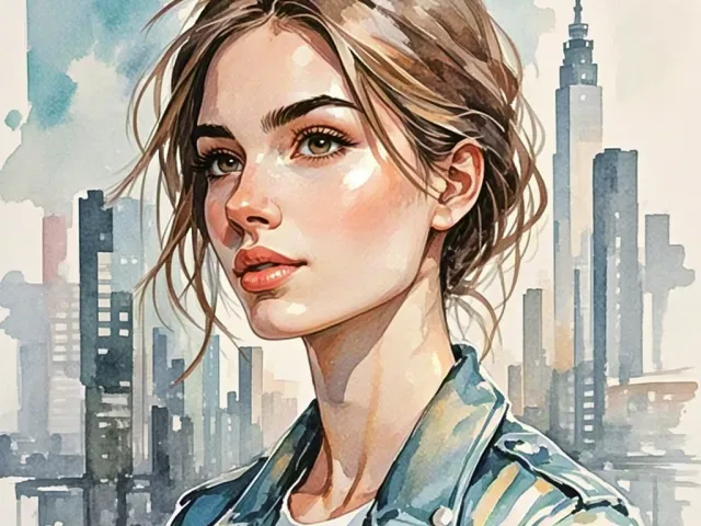 Soft watercolor portrait of a woman with a blurred city skyline behind her