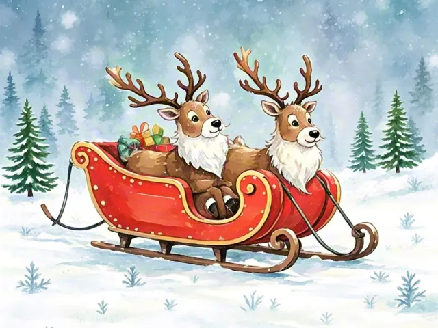 Two reindeer pulling a red sleigh through snowy landscape