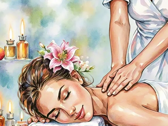 Woman receiving a relaxing aromatherapy massage painted in watercolor style