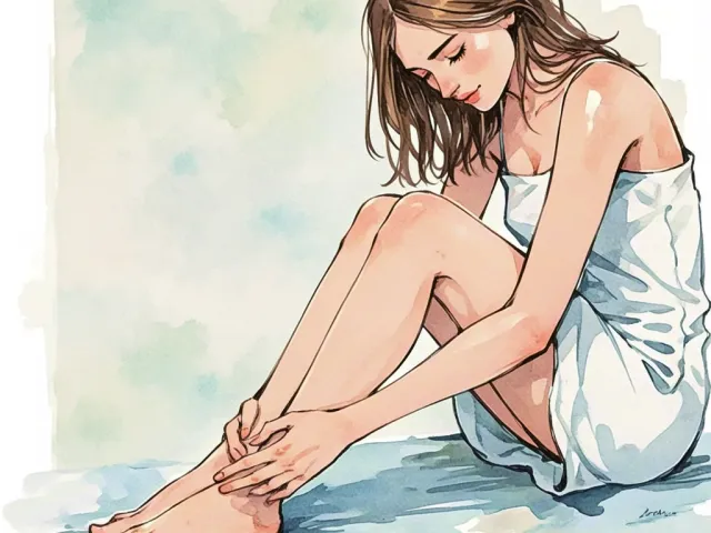 Woman sitting wrapped in a towel practicing self-care in soft watercolor style