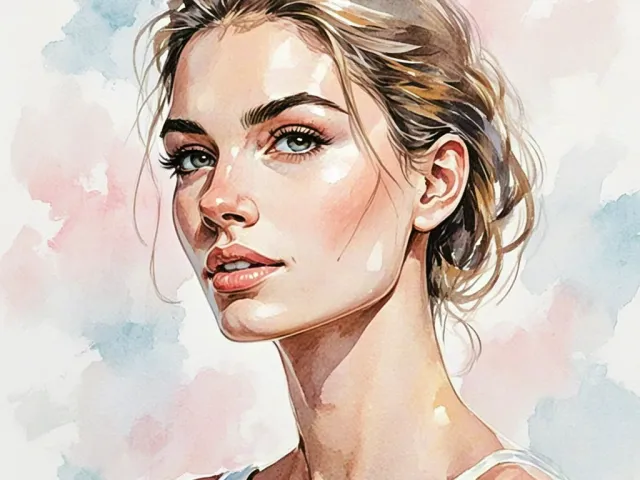 Warm watercolor portrait of a woman with soft shadows and natural look