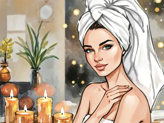 Woman in towel headwrap surrounded by candles in warm watercolor tones