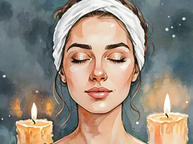 Woman with closed eyes during spa facial treatment surrounded by candles