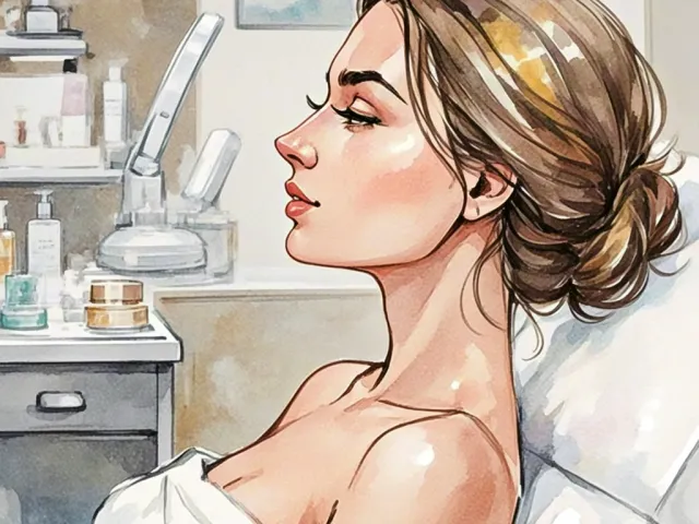 Side-profile watercolor portrait of a woman relaxing in a spa environment