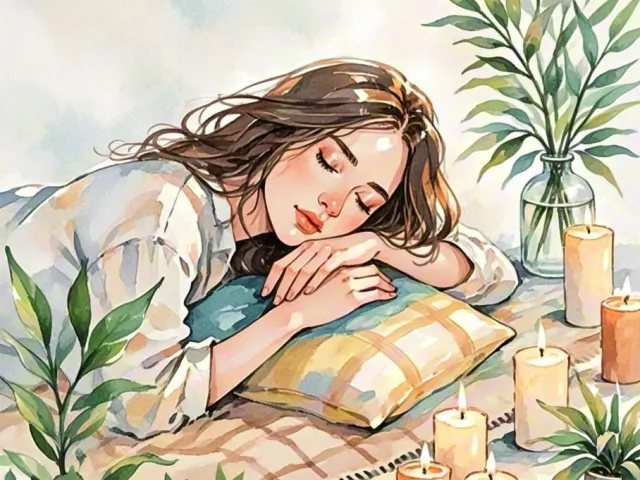 Woman resting on a pillow surrounded by candles in watercolor style