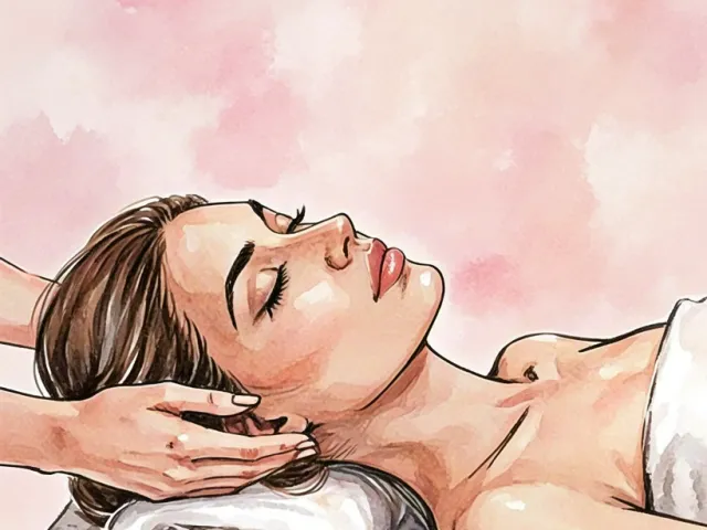 Woman lying on a towel receiving spa treatment in soft watercolor tones