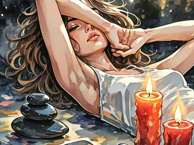Woman relaxing among spa stones and candles painted in soft watercolor style