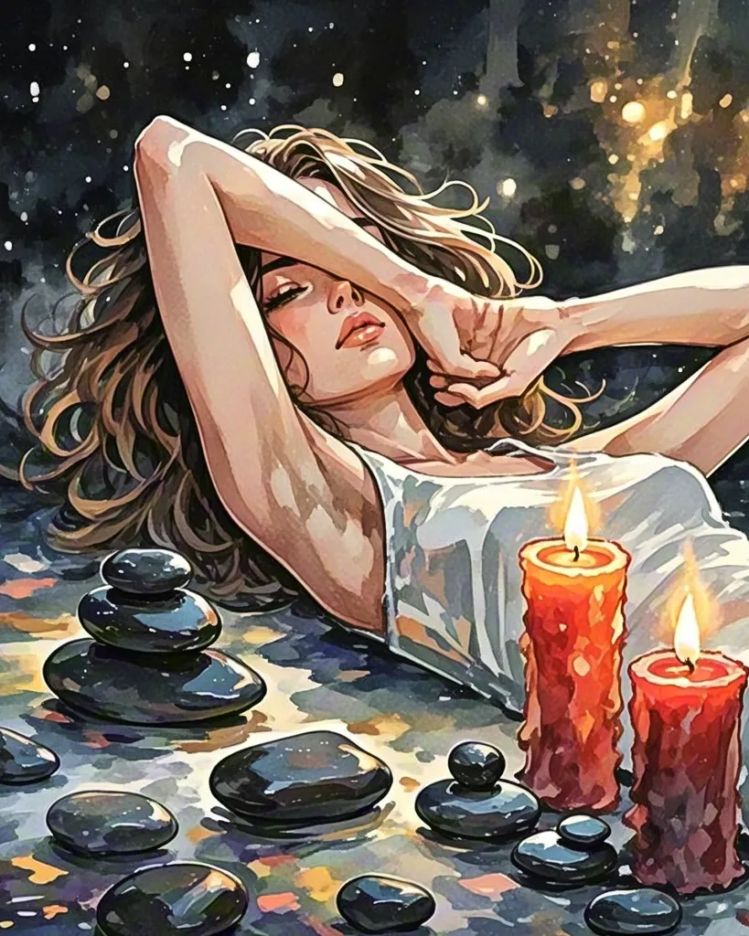 Watercolor spa relaxation with candles