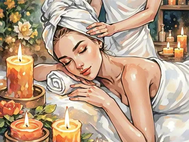 Woman resting at a spa surrounded by candles painted in warm watercolor tones