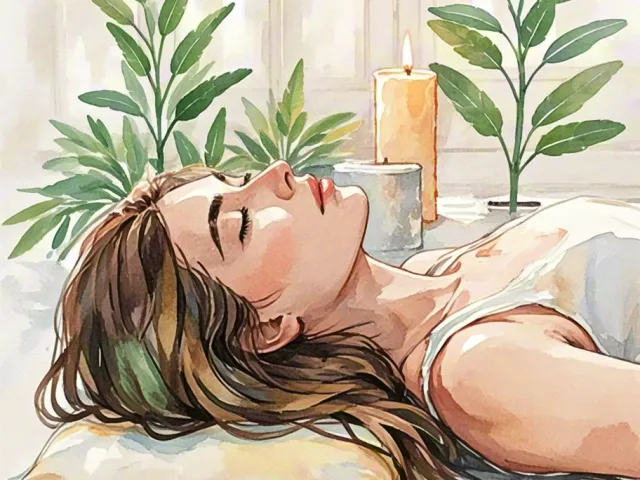 Woman resting with towels and indoor plants in a calming watercolor spa scene