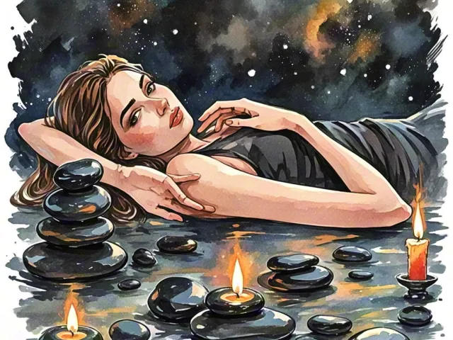 Woman relaxing among spa stones and candles in a dreamy watercolor setting