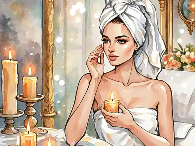 Calm watercolor portrait of a woman holding a candle in a spa setting