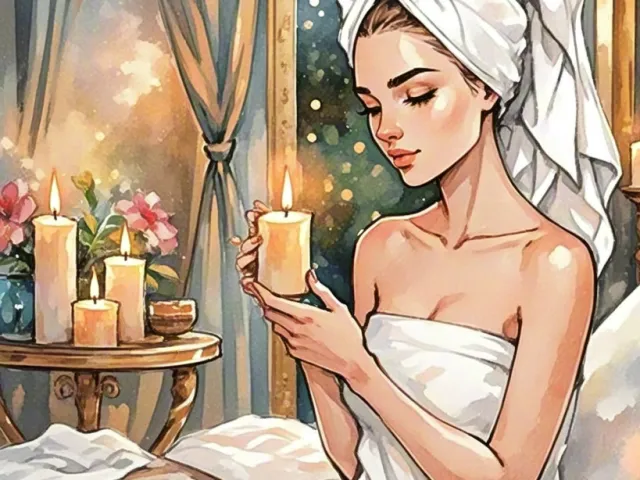 Calm watercolor scene of a woman sitting in a spa holding a candle