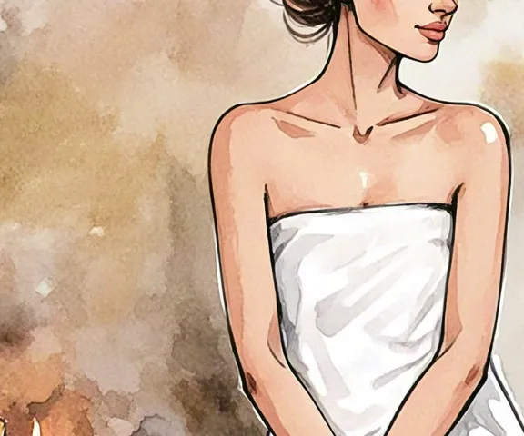 Calm watercolor illustration of a woman in a towel with warm candlelight background