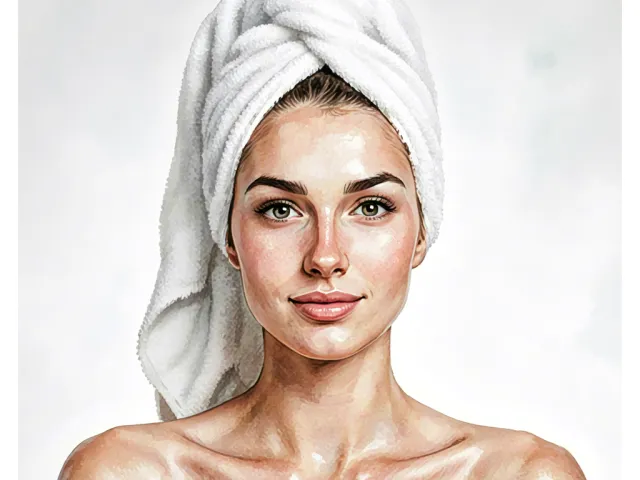 Watercolor portrait of a woman with a towel headwrap and soft white background