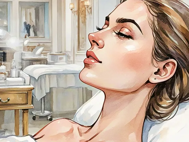 Watercolor illustration of a woman with a towel headwrap and soft background