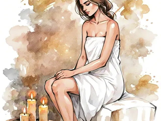 Watercolor illustration of a woman sitting in a spa with warm candlelight